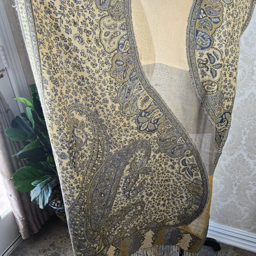 Blue and Gold Paisley and Floral Patterned Oblong Scarf Fringed Ends Feminine